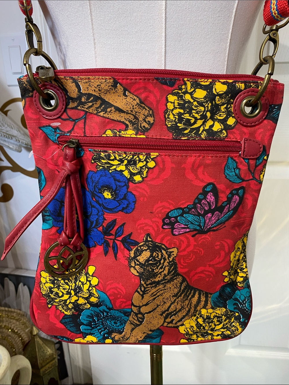 Karma Red Floral Tiger Crossbody Bag NWOT